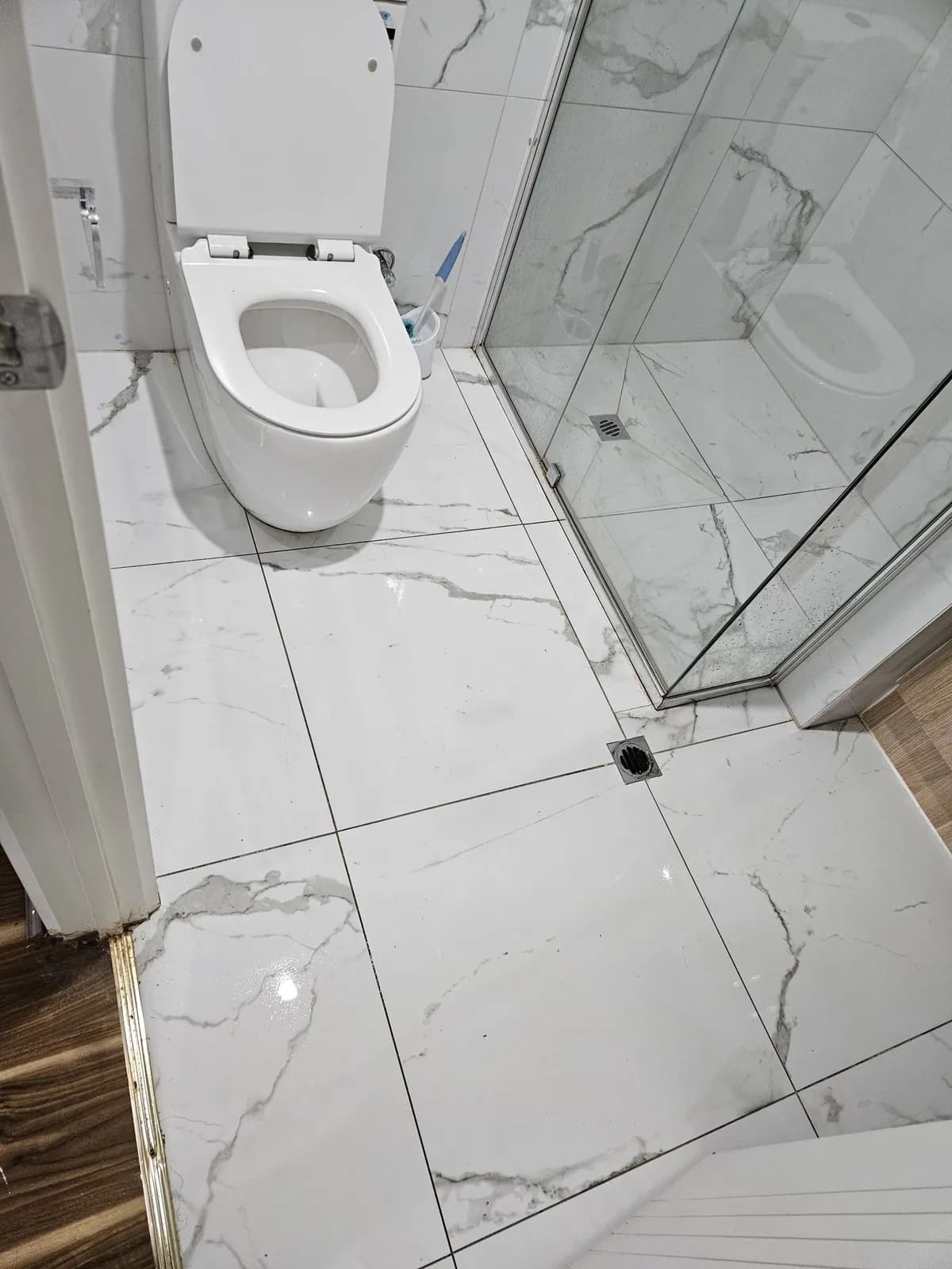 Sanitised shower screen and tiles